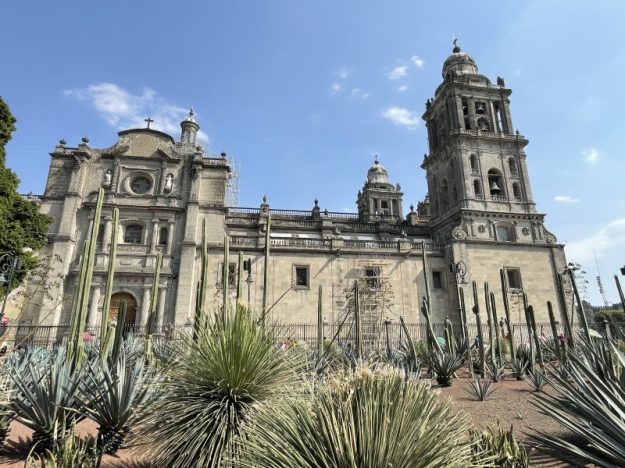 West side of the Metropolitan Cathedral with the cactus garden in front, Mexico City.